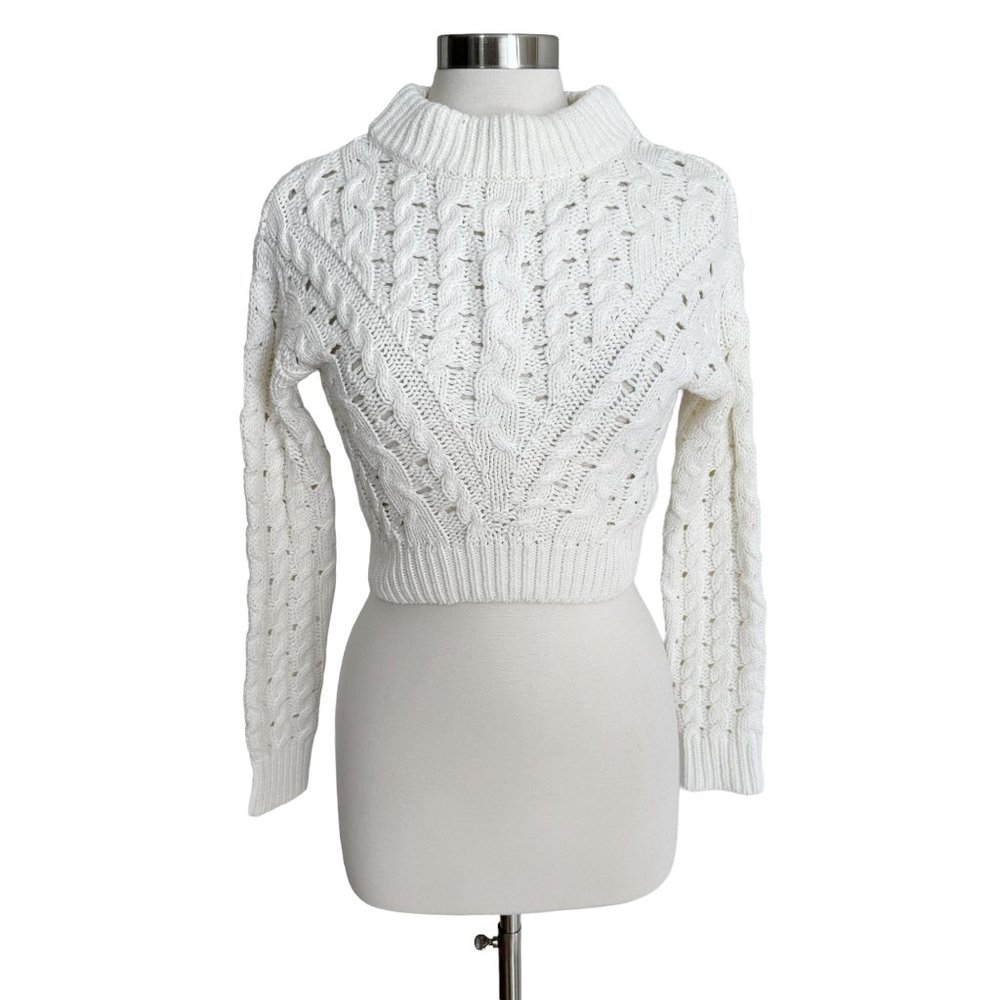 LPA Size XS White Chunky Cable Knit Mock Neck Cropped Long Sleeve Sweater - Picture 2 of 8